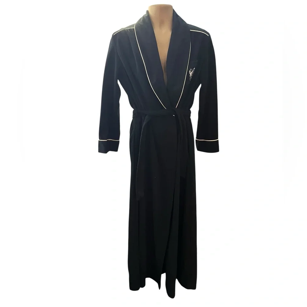 Vintage 70s Bill Blass Shawl Collar Robe Crest Embroidered Piping Trim Black M